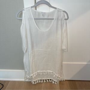 NWOT SAKS FIFTH AVENUE  WHITE COLD SHOULDER TASSELED TUNIC BLOUSE OR COV…
